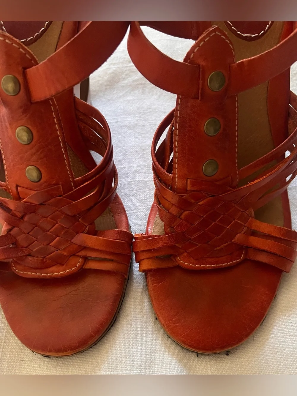 Frye Gabriella Orange Leather Wooden Wedge Sandals - Size 8